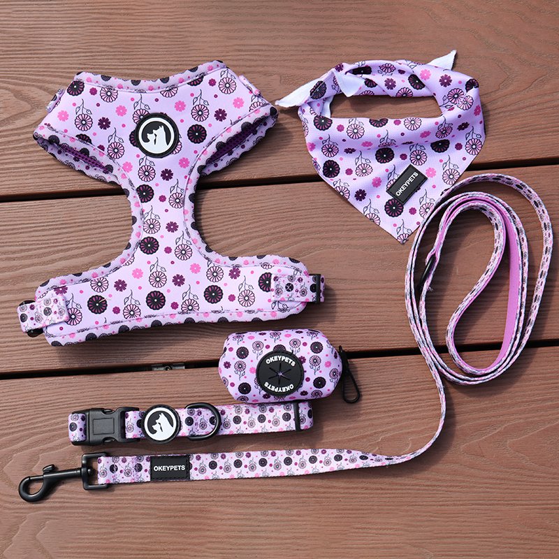 Floral Custom Neoprene Padded Pet Set Breathable Harness Poop Bag Fashion Luxury Dog Collars Leash Set