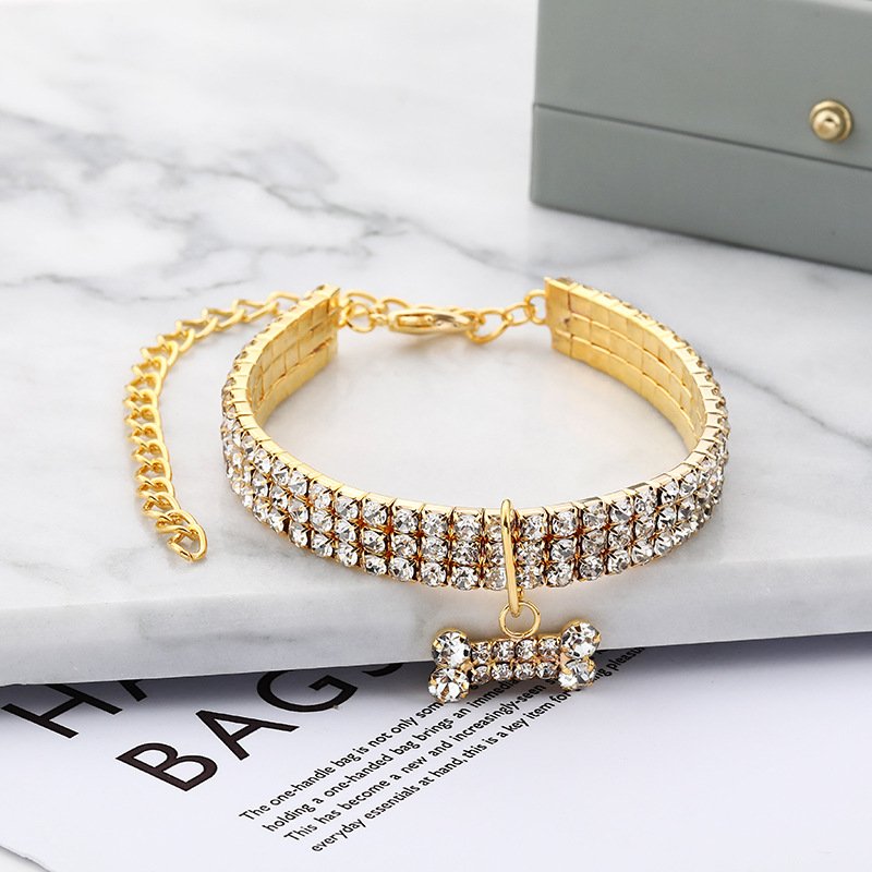 Pet Supplies Necklace Luxury Pet Leash Bone Pendant On Lace Cat & Dog Collar With Three Rows Rhinestones