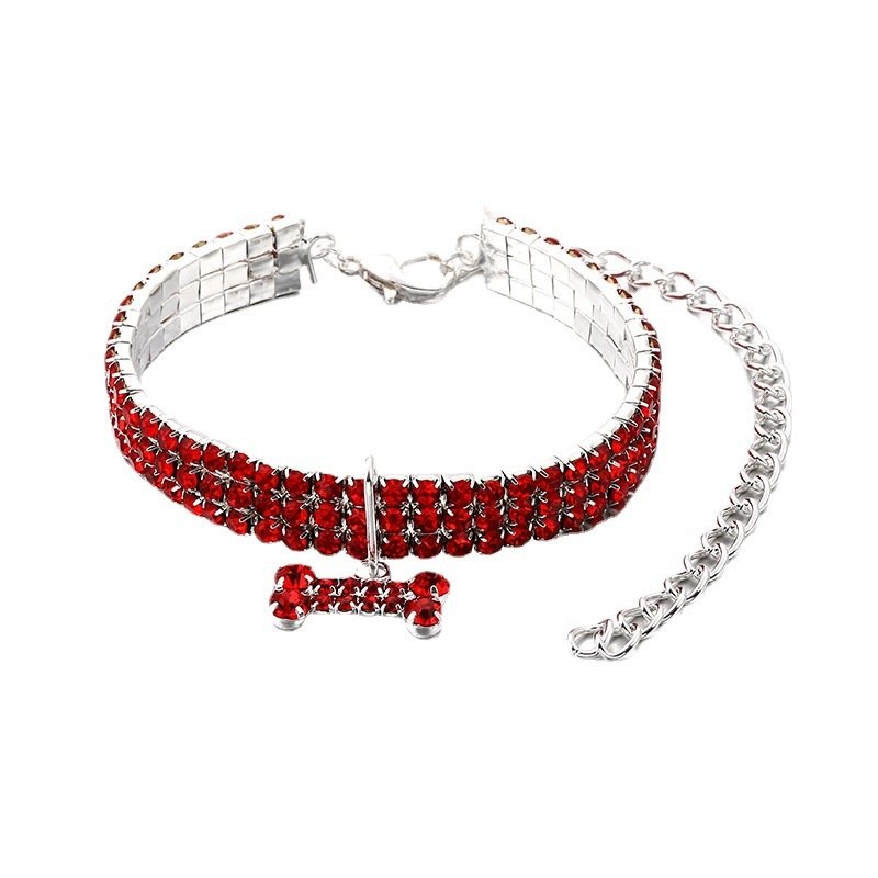 Pet Supplies Necklace Luxury Pet Leash Bone Pendant On Lace Cat & Dog Collar With Three Rows Rhinestones