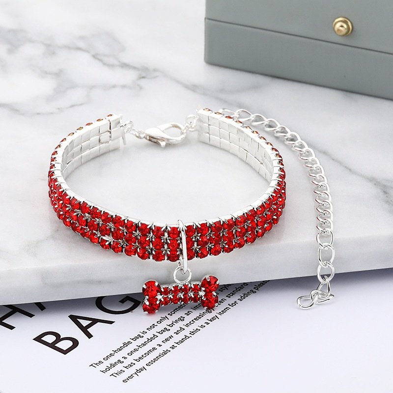 Pet Supplies Necklace Luxury Pet Leash Bone Pendant On Lace Cat & Dog Collar With Three Rows Rhinestones