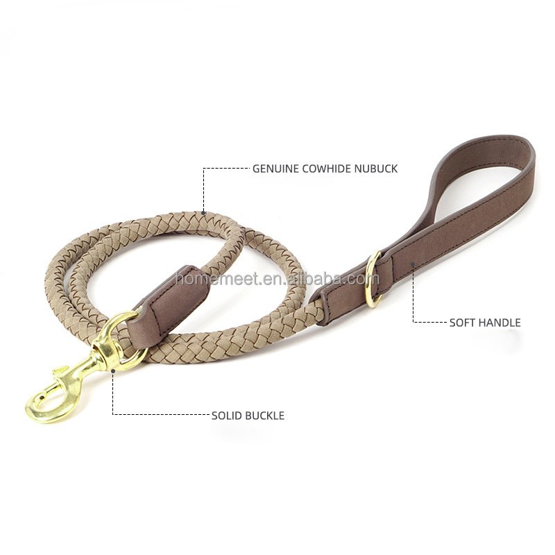 Customized Braided Soft Leather Pet Dog Collar and Leash 2M Adjustable Nubuck Leather Dog Leash with 2 Hooks for All Breeds