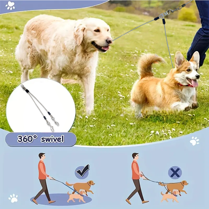 2-in-1 steel wire 1 tow 2 dog leash 360 tangle-free rotation for safe training and walking of large and small dog breeds