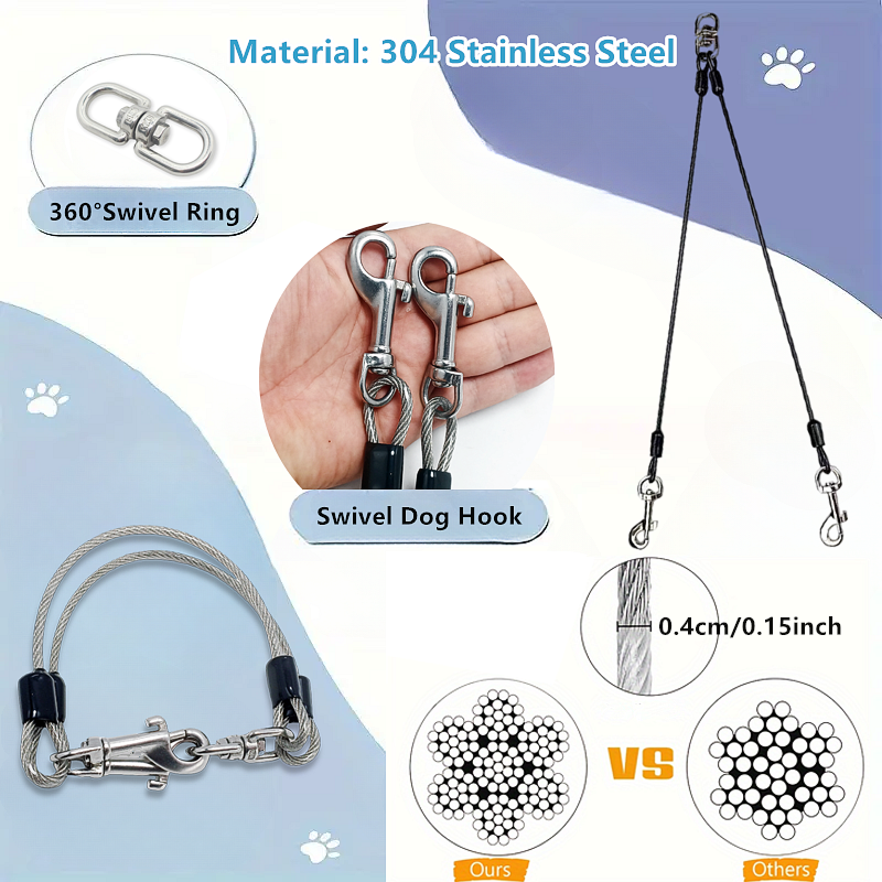 2-in-1 steel wire 1 tow 2 dog leash 360 tangle-free rotation for safe training and walking of large and small dog breeds