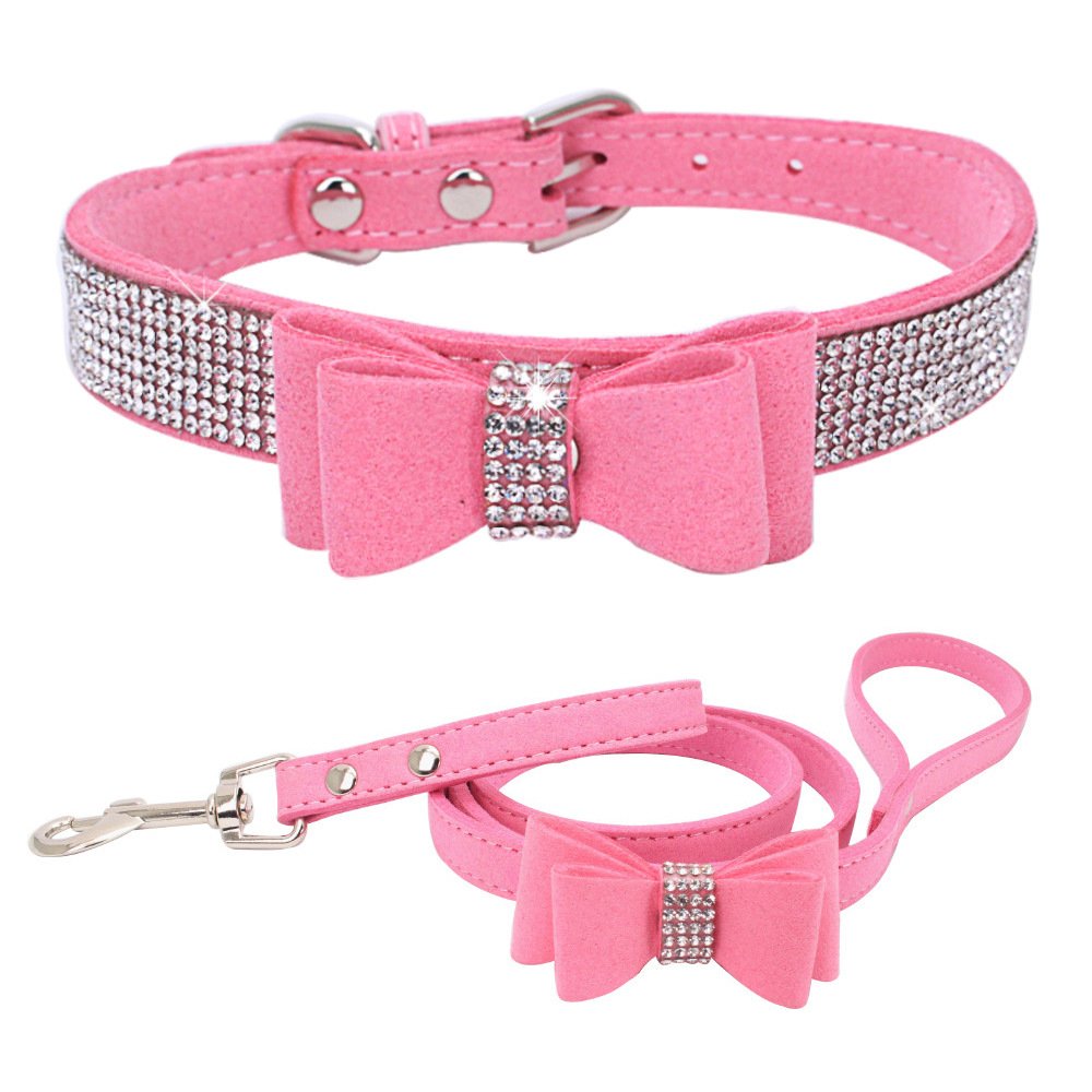 YOELLEN wholesale Amazoo hot selling luxury pink velvet rhinestone high quality cat small middle dog leash bowtie pet collars