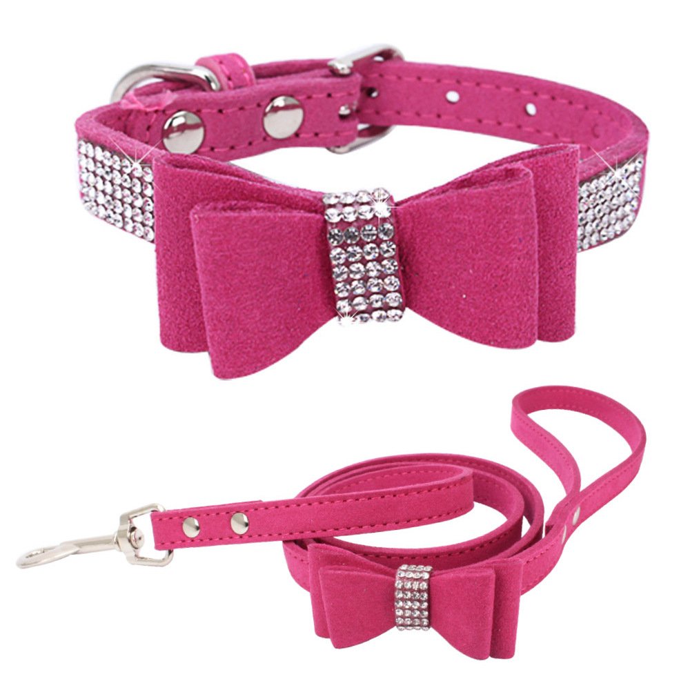 YOELLEN wholesale Amazoo hot selling luxury pink velvet rhinestone high quality cat small middle dog leash bowtie pet collars