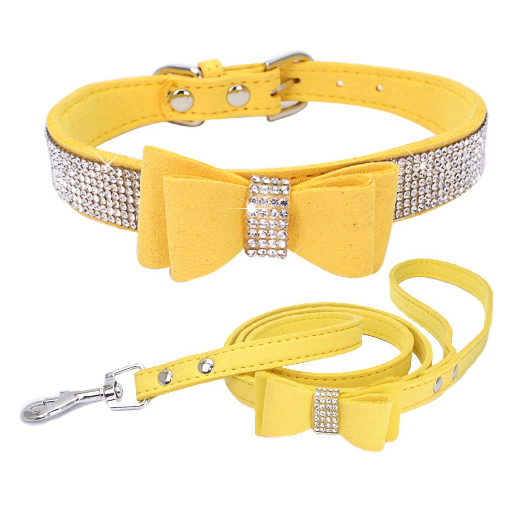 YOELLEN wholesale Amazoo hot selling luxury pink velvet rhinestone high quality cat small middle dog leash bowtie pet collars