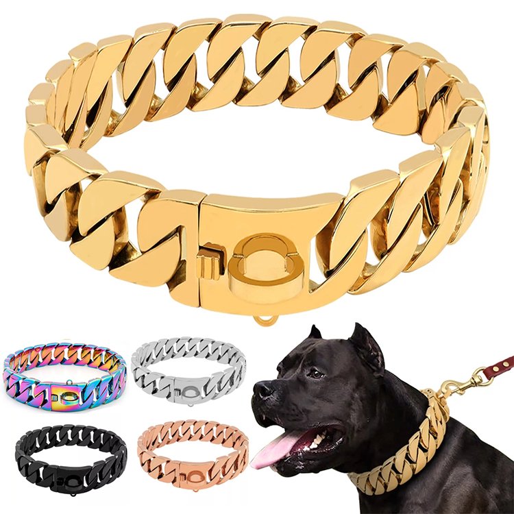 18K Gold Dog Plated Chain Collar Cuban Dog Necklace Fashion Pet Collar for Pit Bulldog Light Metal Jewelry Bold Chain