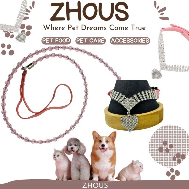 "Discover Pet Accessories: Elegant Jeweled Accents for Style - Featuring Adjustable Collars & Leashes"
