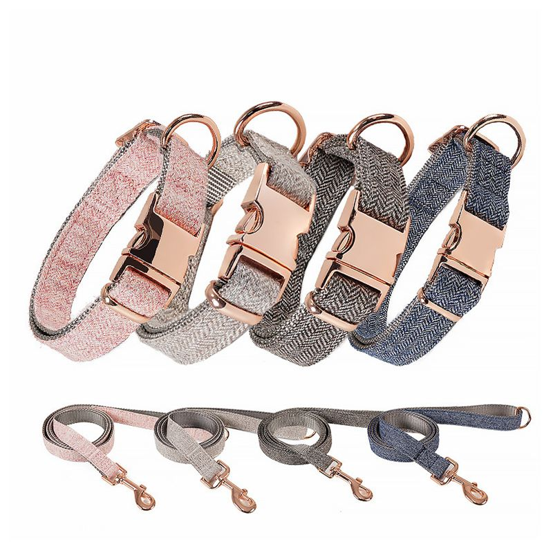 Hot selling Wholesale Nylon Twill dog collares Adjustable Luxury Metal Gold Metal Buckle Tweed Pet collar And Leash Set