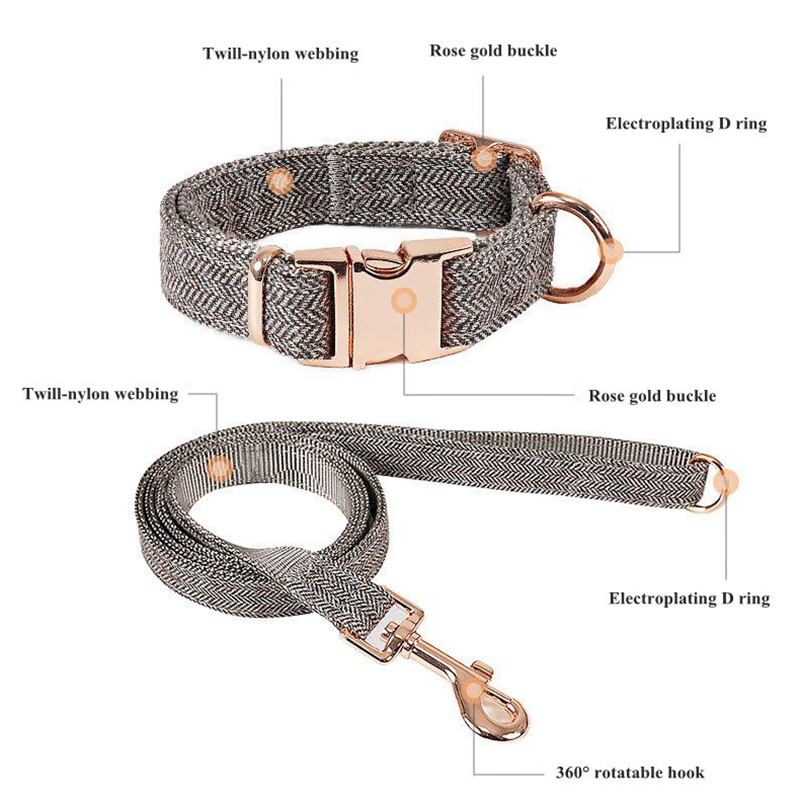 Hot selling Wholesale Nylon Twill dog collares Adjustable Luxury Metal Gold Metal Buckle Tweed Pet collar And Leash Set