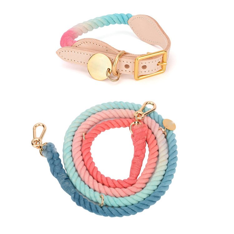 Custom Multi Color Cotton Rope dog leash set metal buckle slip lead dog leash and wide faux leather dog Collar set