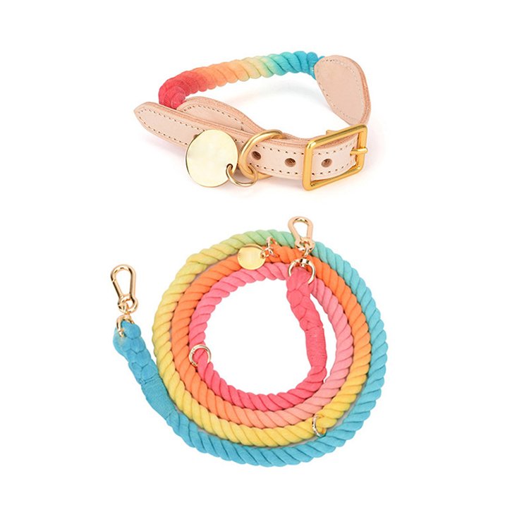 Custom Multi Color Cotton Rope dog leash set metal buckle slip lead dog leash and wide faux leather dog Collar set