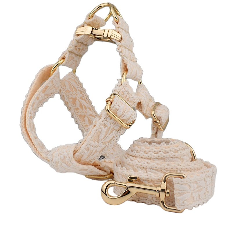 Wholesale adjustable luxury lace mesh gold metal buckle custom logo pet dog collar harness leash set