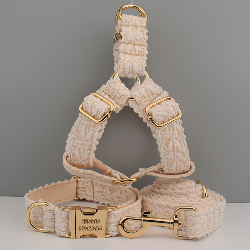 Wholesale adjustable luxury lace mesh gold metal buckle custom logo pet dog collar harness leash set