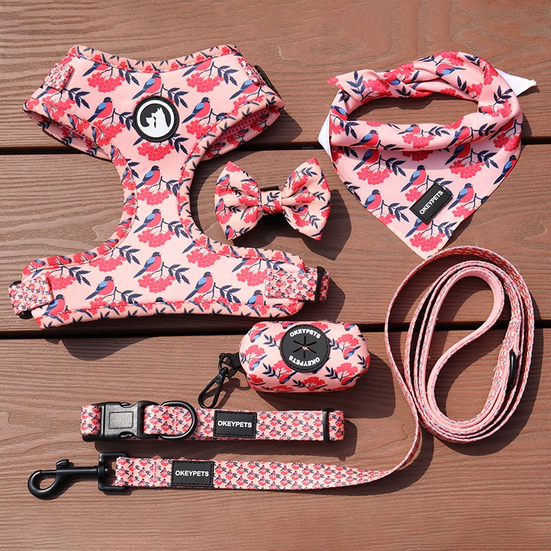 Custom Luxury Puppy Leash Collar Adjustable Pet Poop Bag Bandana Reversible Breathable Neoprene Dog Harness Sets