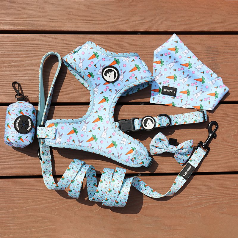 Custom Luxury Puppy Leash Collar Adjustable Pet Poop Bag Bandana Reversible Breathable Neoprene Dog Harness Sets