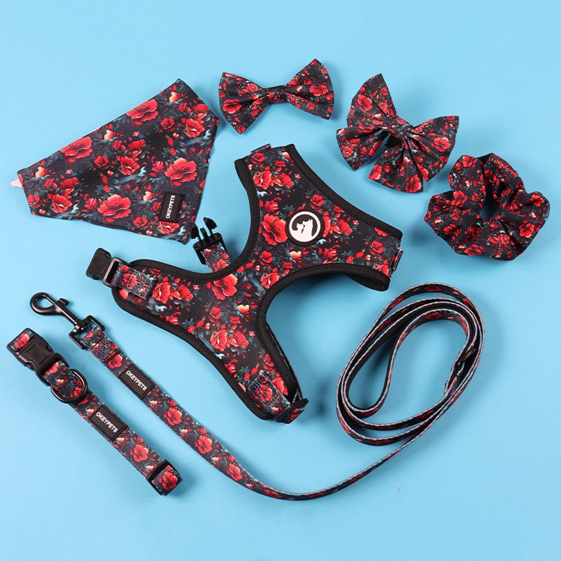 Custom Luxury Puppy Leash Collar Adjustable Pet Poop Bag Bandana Reversible Breathable Neoprene Dog Harness Sets