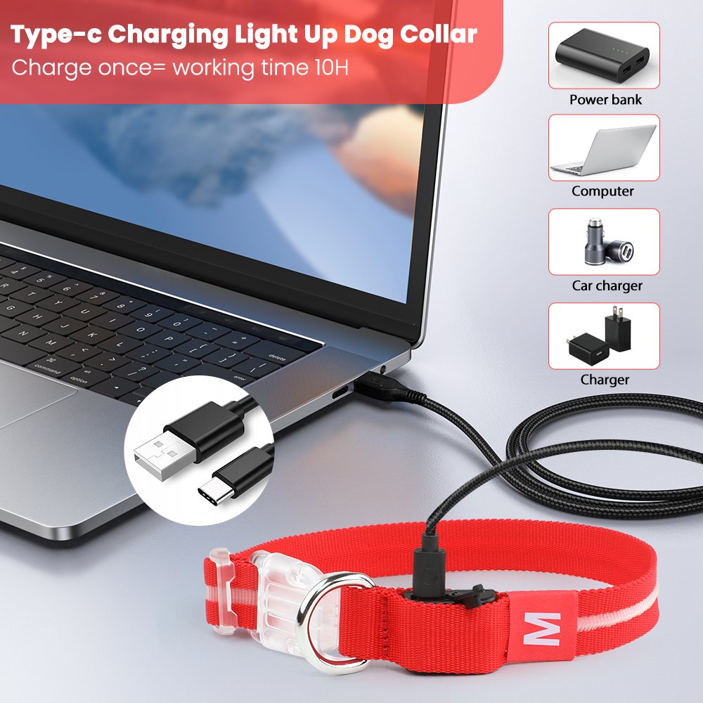 Puppy Night Walking Anti-Lost Flashing Collar USB Rechargeable Glow in The Dark Dog Neck Strap LED Light up Dog Collar