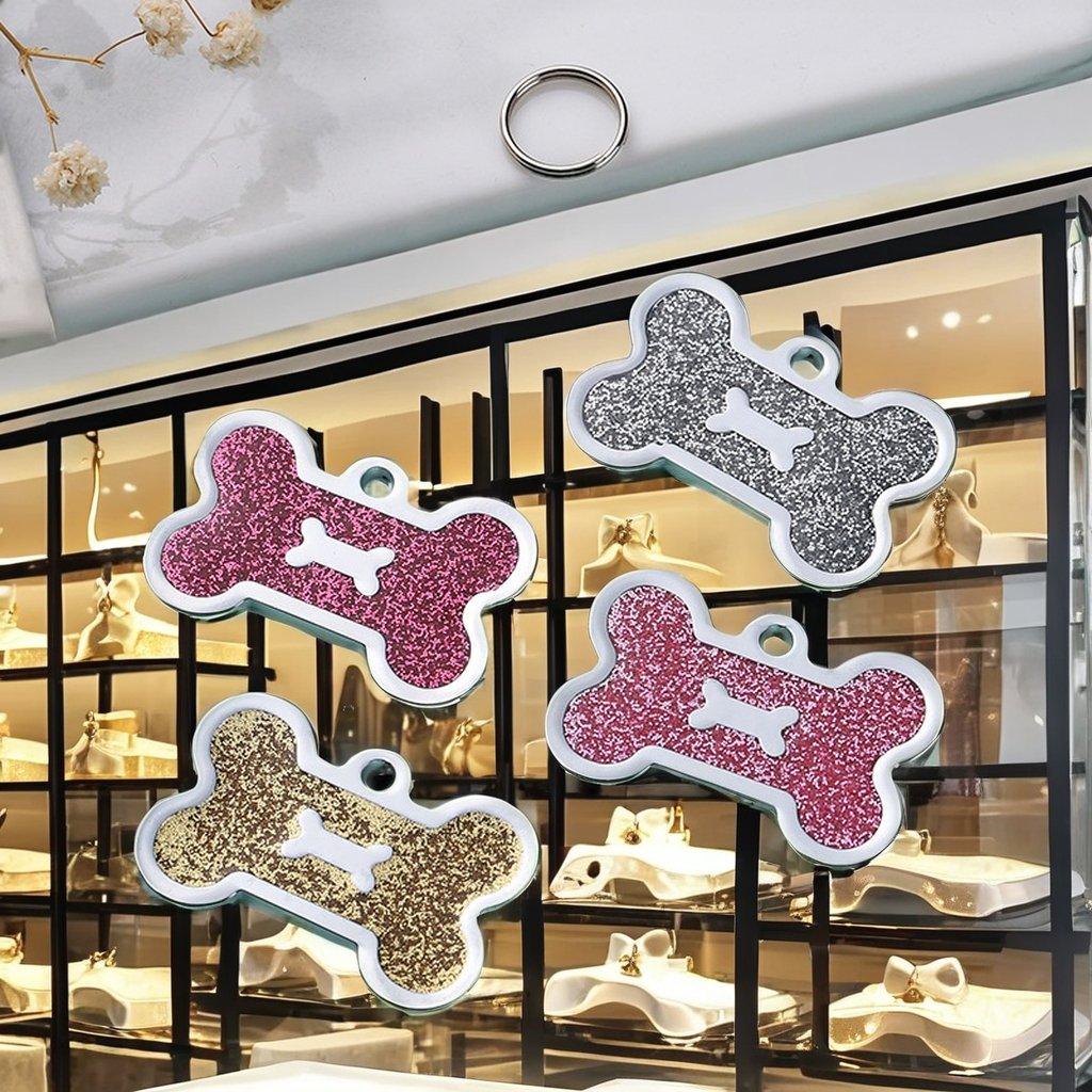 Luxury Multi-Color Glitter Bone Shape Zinc Alloy Pet Tag Loss Proof Lettering Solid Dog Brand Bone Tag Pet Collar Accessories