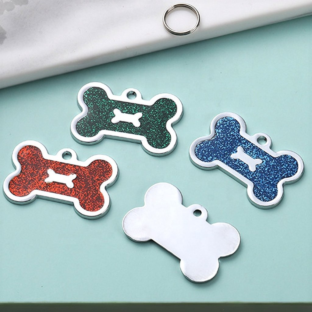Luxury Multi-Color Glitter Bone Shape Zinc Alloy Pet Tag Loss Proof Lettering Solid Dog Brand Bone Tag Pet Collar Accessories
