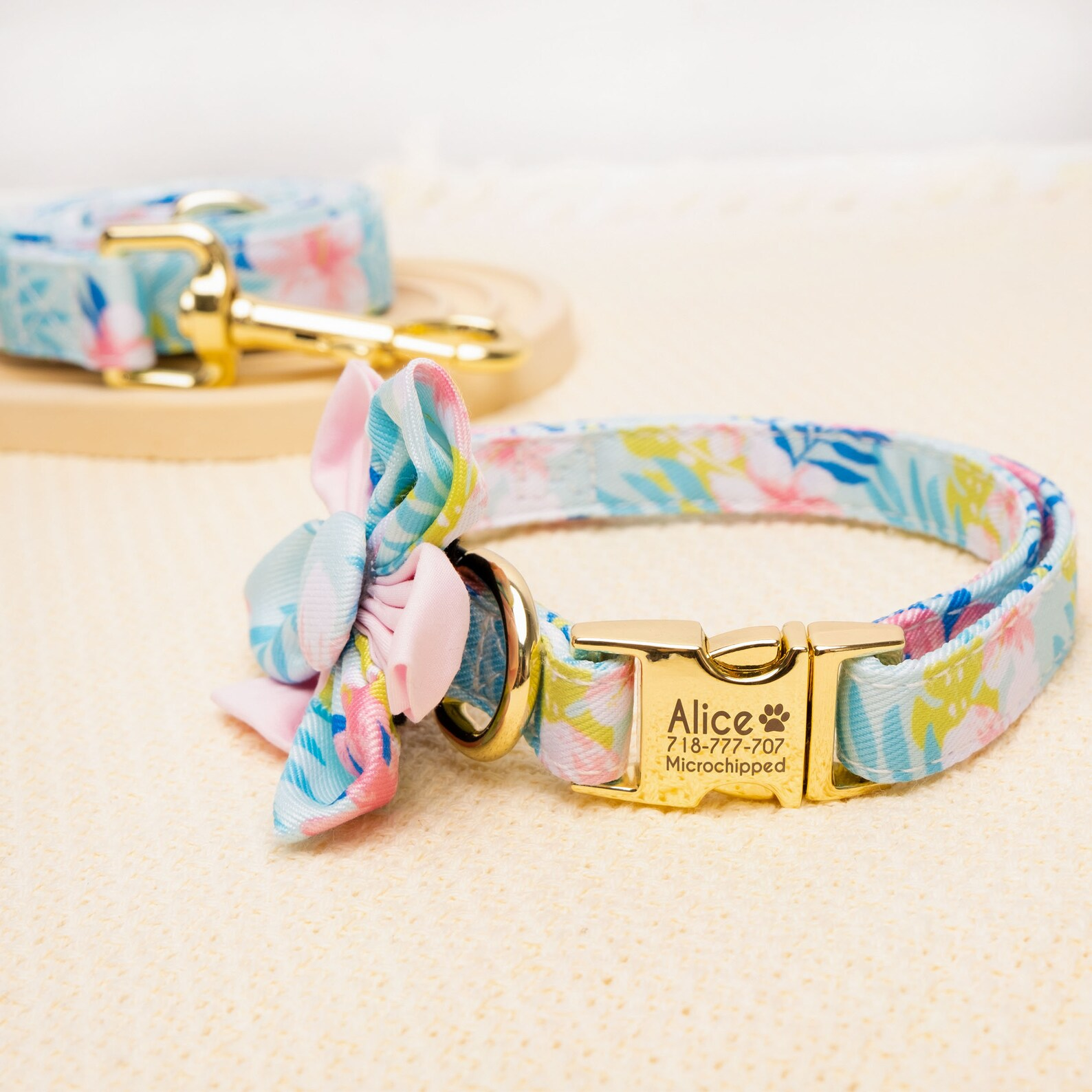 2023 Personalized Girls Gift Custom Floral Pattern Engraved Pet Collars cat collar leash Adjustable Dog Collar and Leash Sets