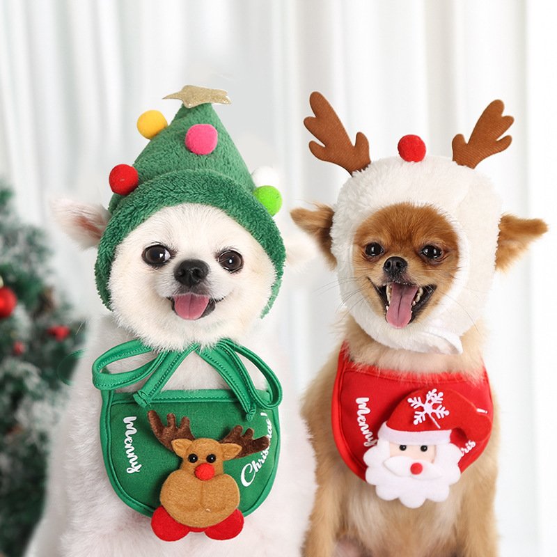Wholesale Lovely Shape Pet Christmas Party Headwear Outfit Sets Headgare Costume Bibs Dog Bandana