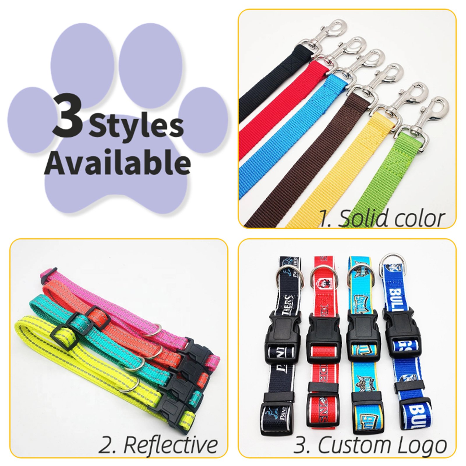 Personalized Diy Customized Big Metal Buckle Reflective Custom Printed Logo Tactical Collar Cat Dog Pet Leashes Collar Dog Leash