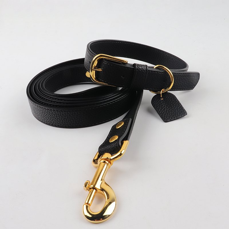 High quality OEM Custom Luxury Personalized Logo Pet Lead Adjustable Black Plain Leather Dog Collar And Leash Set