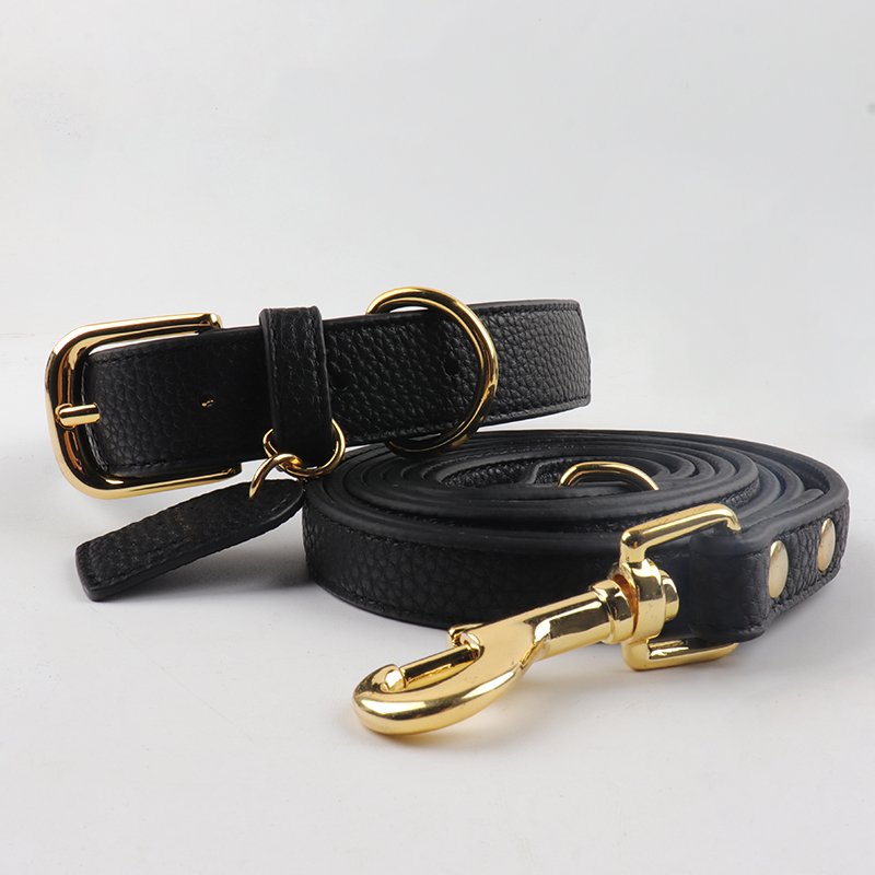 High quality OEM Custom Luxury Personalized Logo Pet Lead Adjustable Black Plain Leather Dog Collar And Leash Set