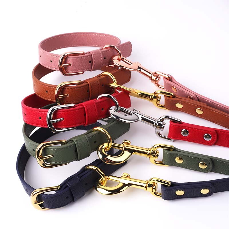 High quality OEM Custom Luxury Personalized Logo Pet Lead Adjustable Black Plain Leather Dog Collar And Leash Set