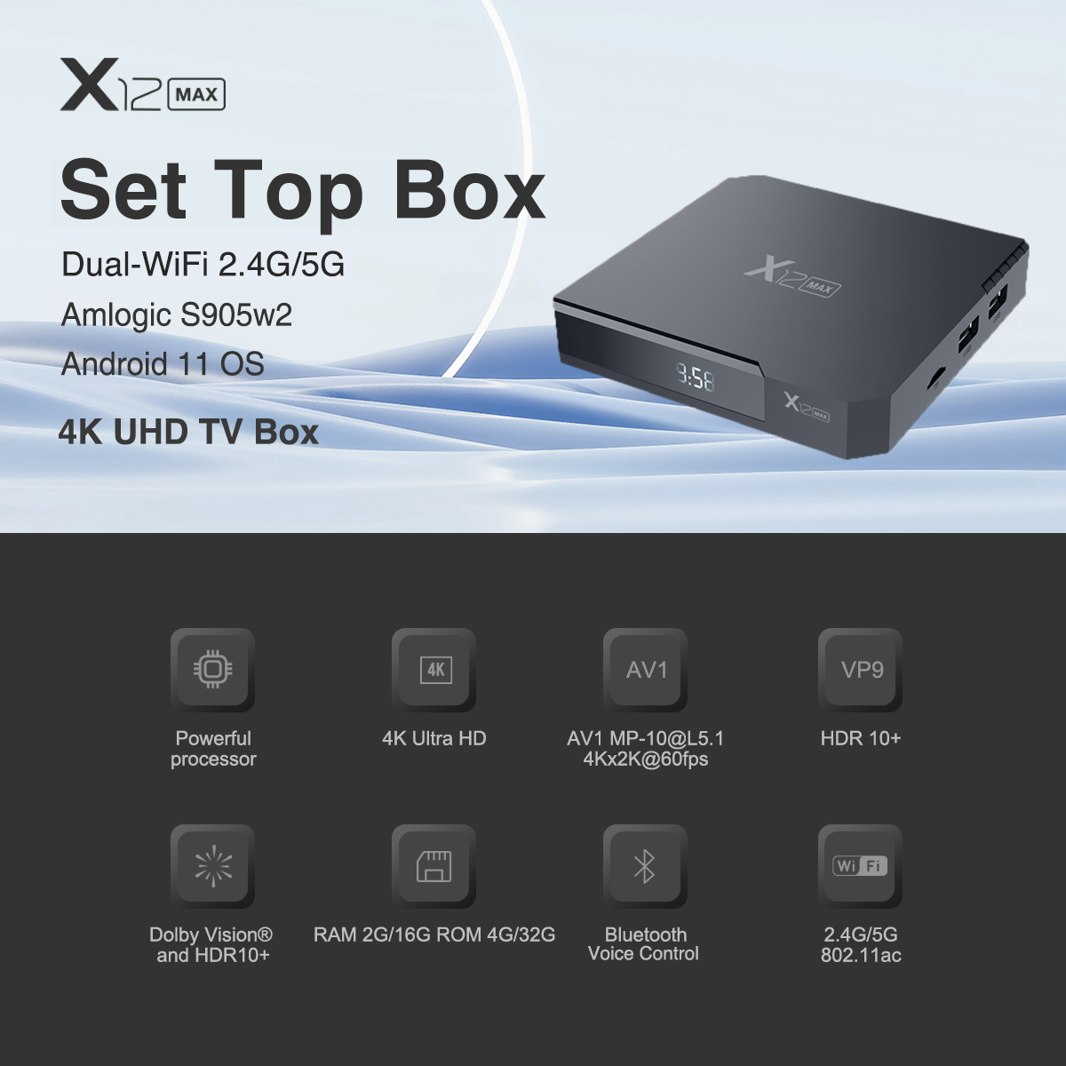 X12 Max Hot STB 4K UHD Android 11 Ott IPTV Box 2G 16G 32G S905 Streaming TV m3u Dual-WiFi 2.4G5G Set Top Box 60fps FHD TV Player