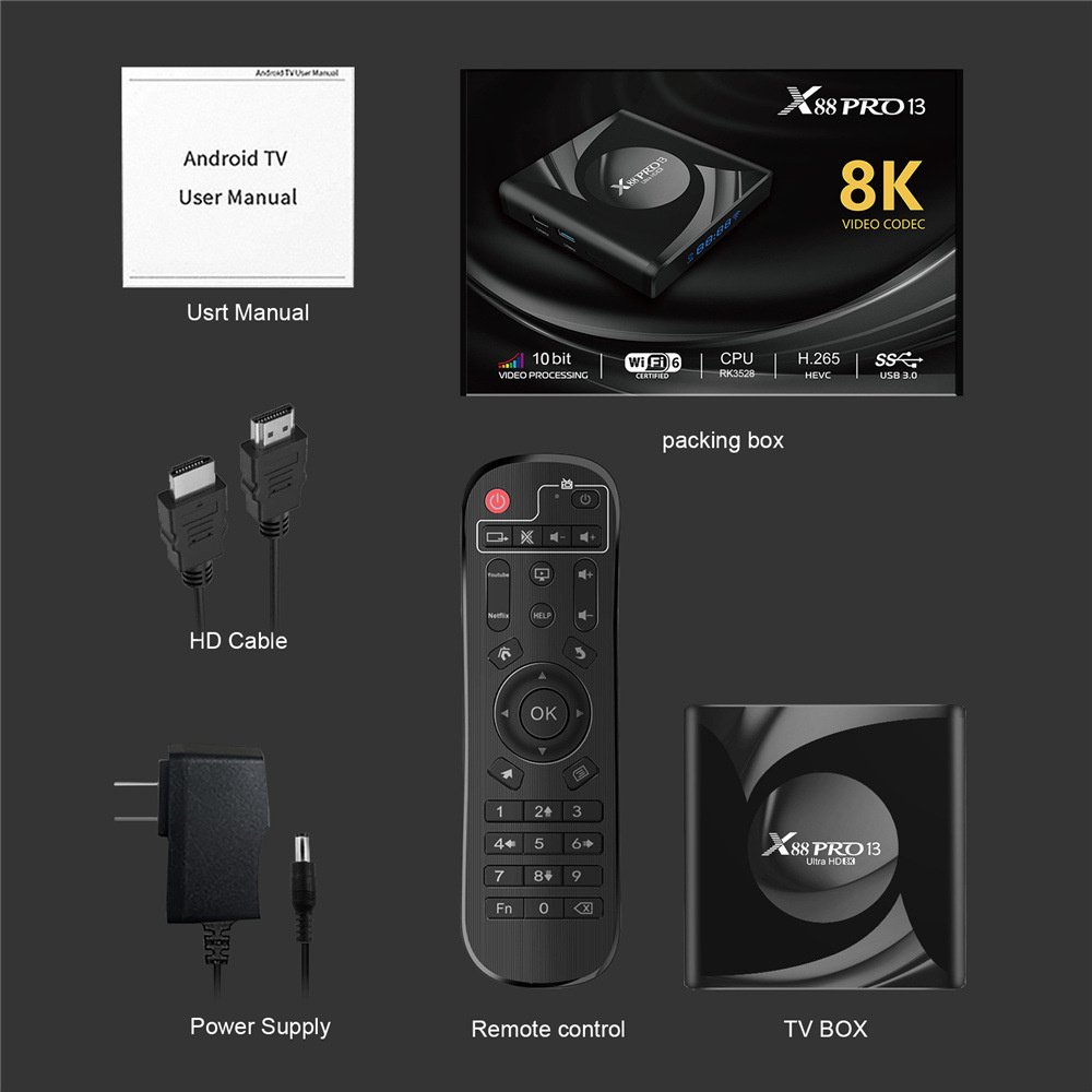 X88 Pro 13 Ultra HD 8K Smart TV Box Android 13.0 RK3528 2GB/4GB 16GB/32GB/64GB BT5.0 2.4G&5G Wifi6 Media Player Set Top