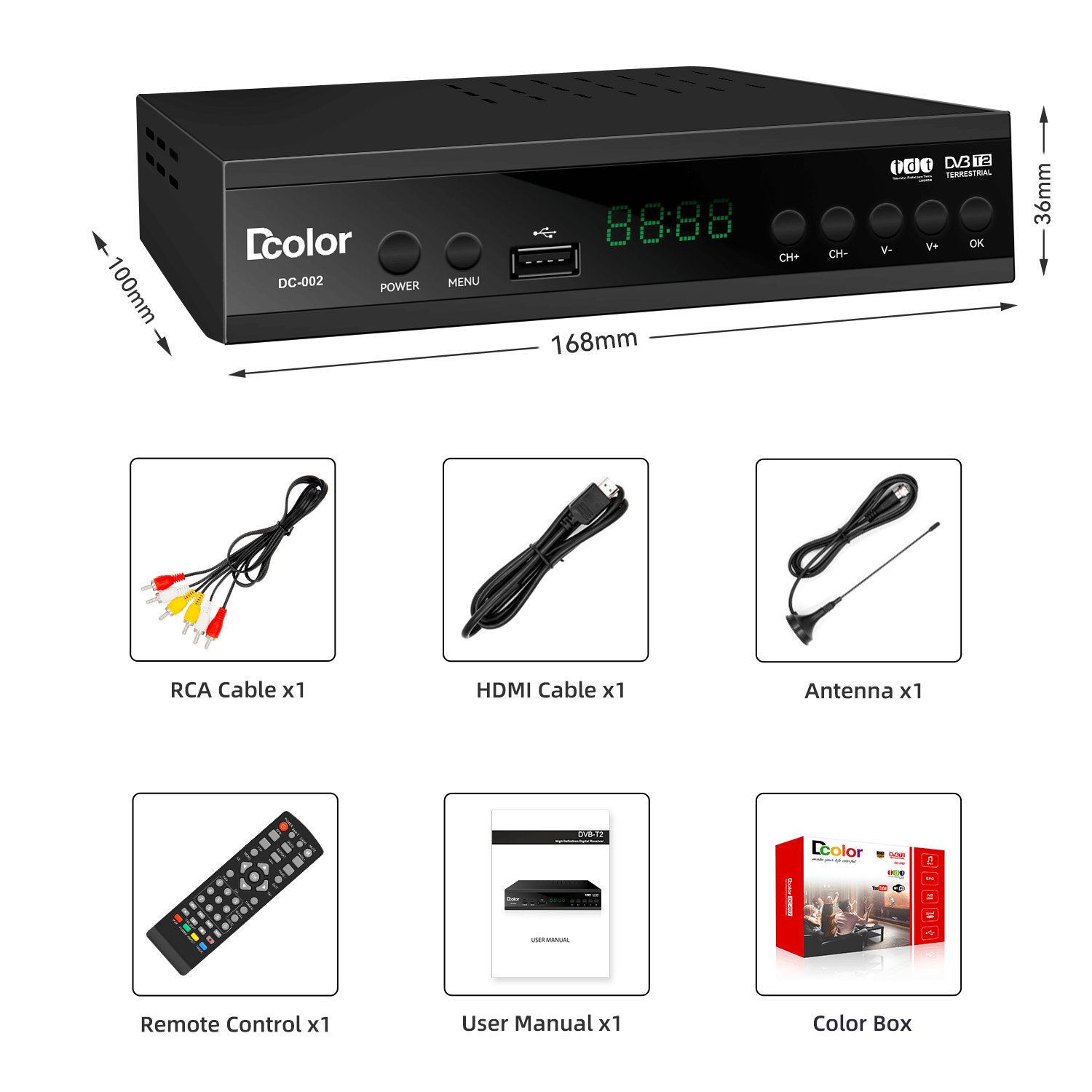 Set Top Box Colombia Panama HD Digital Terrestrial DVB-T2 with Antenna DVB T2 Decodificador TDT Decoder