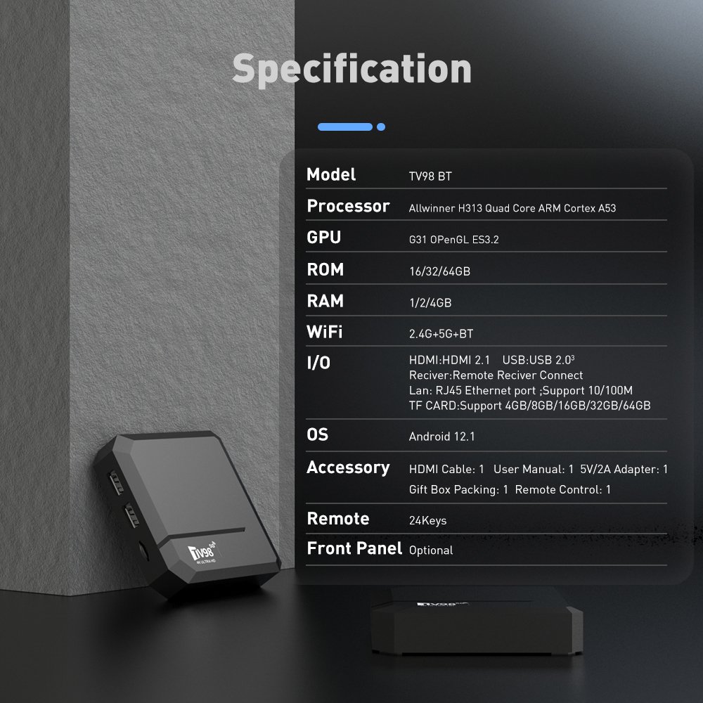 2024 Best Tv Box TV98 BT Set Top Box 4k Android 12.1 Allwinner H313 2.4G/5G WIFI Smart TV Box Witn BT4.0