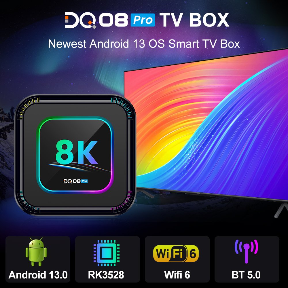 DQ08 Pro RGB Smart TVBox Android13 RK3528 Quad Core Support 8K Video 4K@60fps HDR10+ 2.4&5G Wifi6 BT5.0 Google Voice set top box