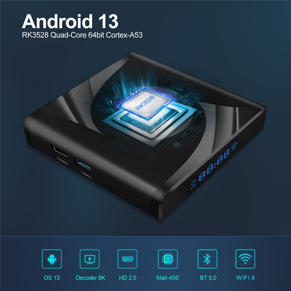 X88 Pro 13 Ultra HD 8K Android 13.0 Smart TV Box RK3528 4GB 64GB Wifi6 BT5.0 2.4G&5G Wifi Media Player Set Top Box