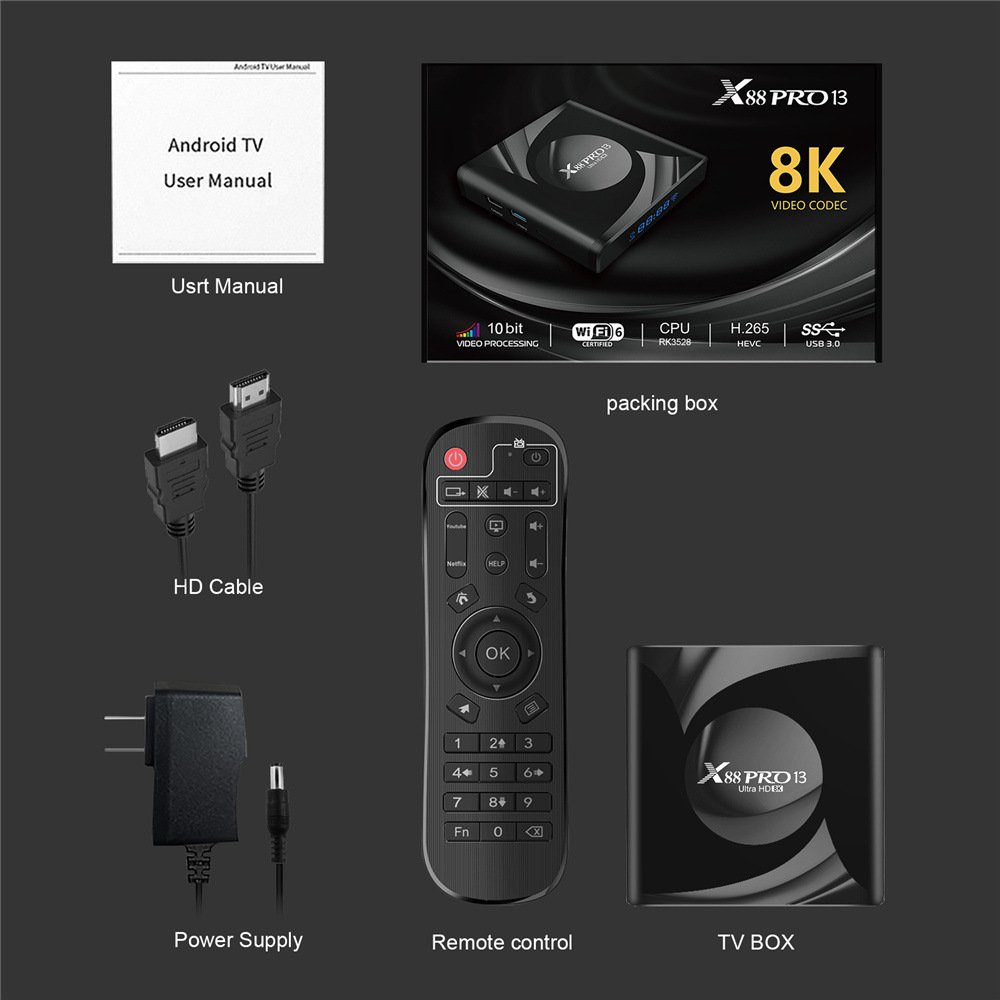 X88 Pro 13 Ultra HD 8K Android 13.0 Smart TV Box RK3528 4GB 64GB Wifi6 BT5.0 2.4G&5G Wifi Media Player Set Top Box