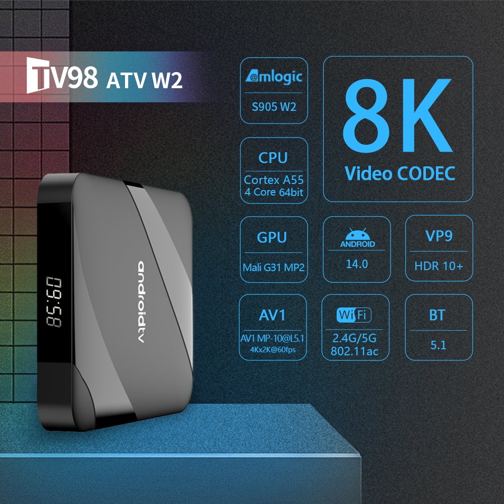 TV98 ATV W2 Android 14 Tv Box Amlogic S905W2 with BT Voice Remote 4G 64G smart tv box 4K