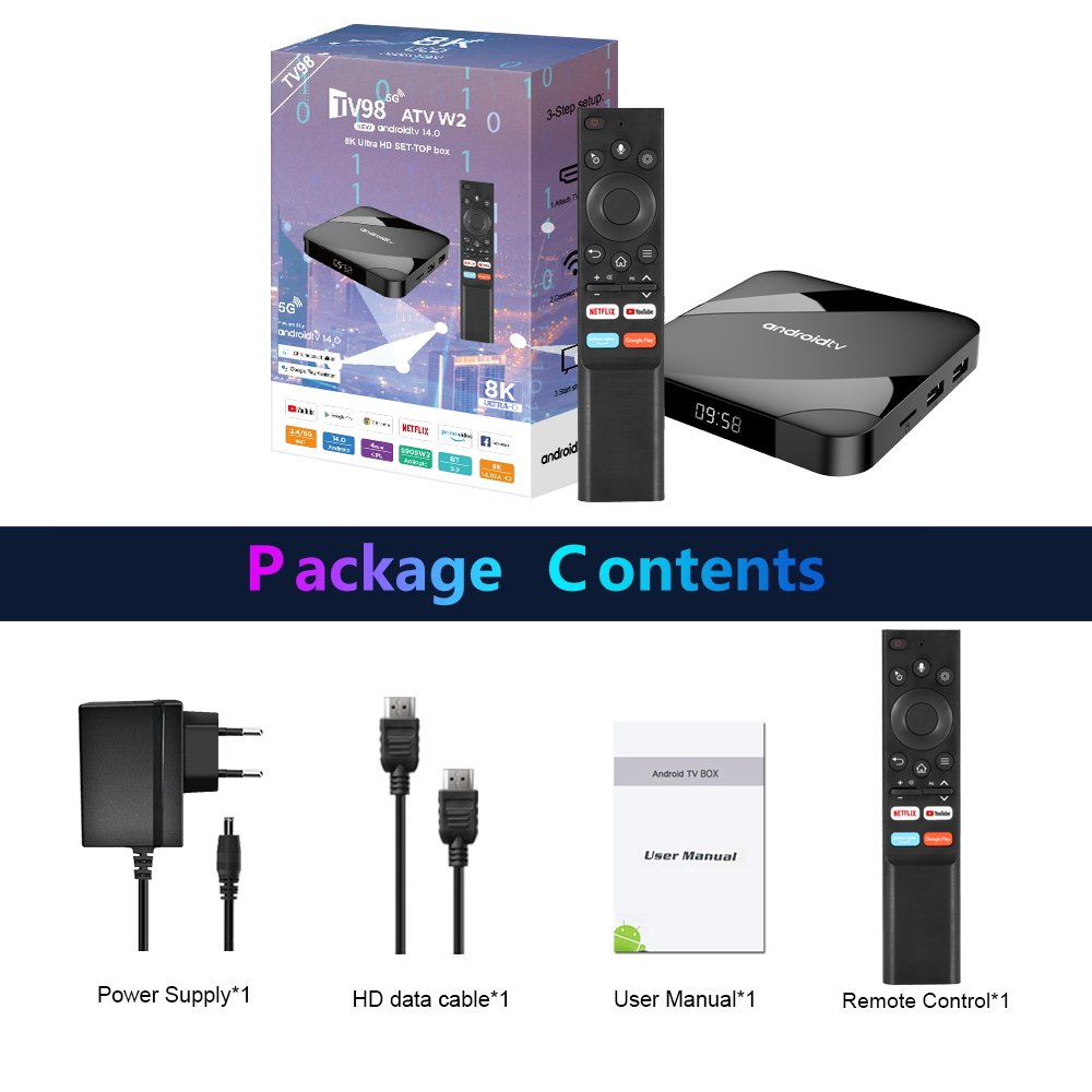 TV98 ATV W2 Android 14 Tv Box Amlogic S905W2 with BT Voice Remote 4G 64G smart tv box 4K