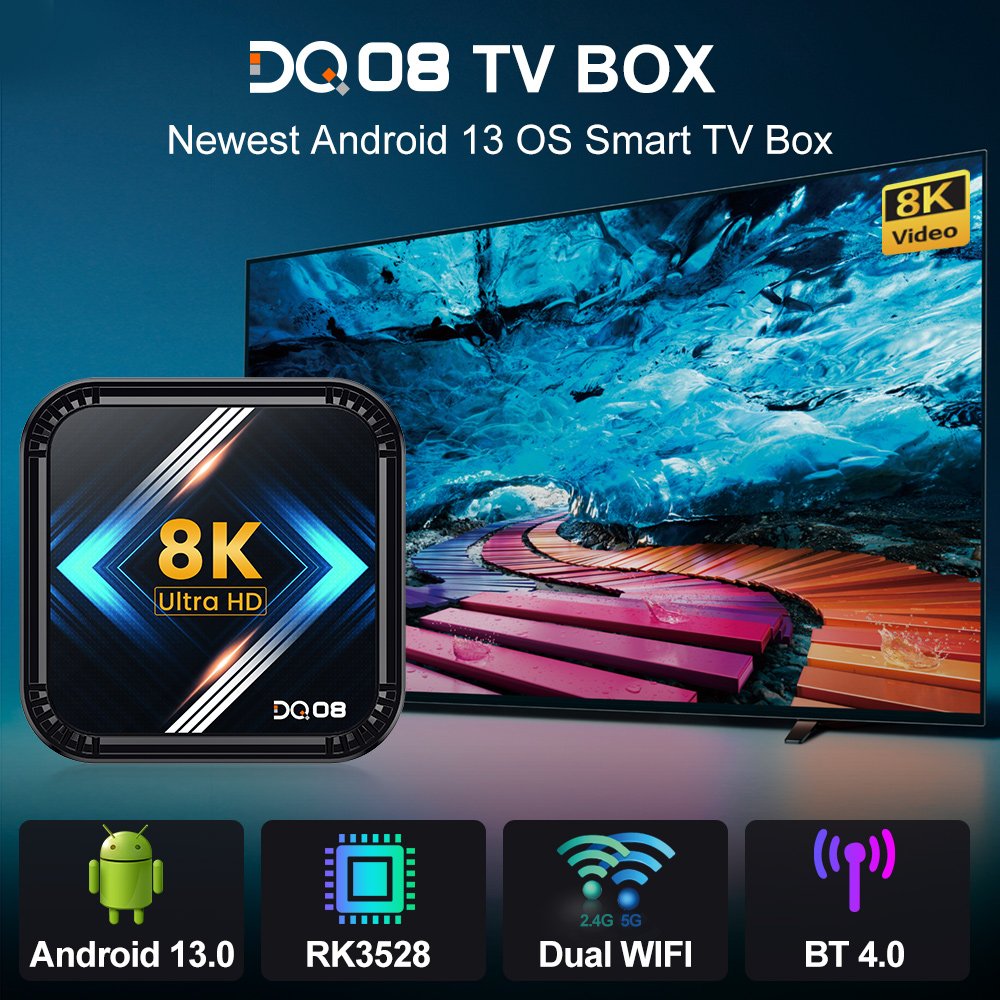 DQ08 RK3528 TV Box Android13 Quad Core Support 8K Video 4K@60fps HDR10+ 2.4&5G Dual Wifi BT4.0 Google Voice TVbox set top box