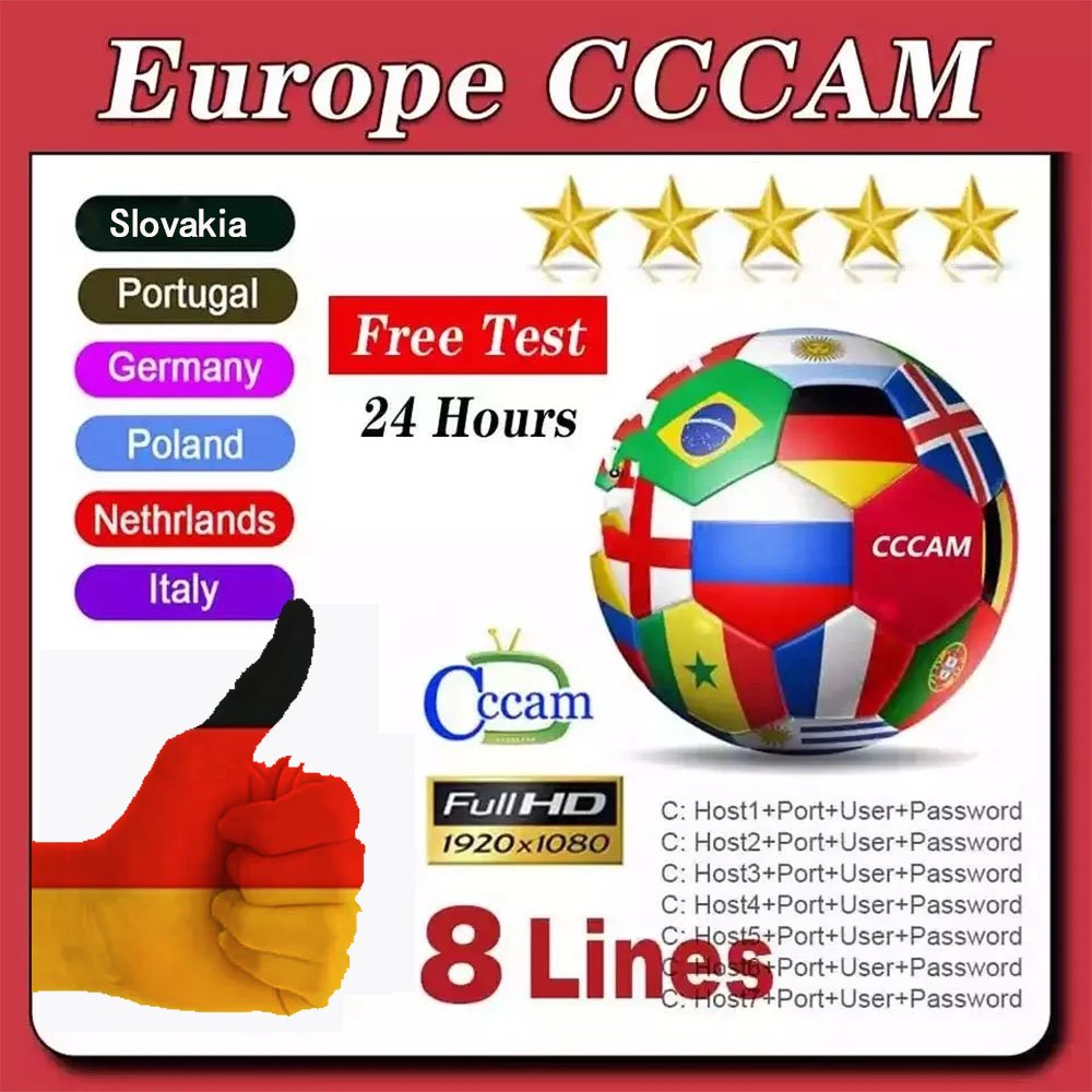 Europe HD 1 Year CCCam Poland Slovakia Germany Italy Satellite TV Receiver Europe Cccam 6/8 Clines For DVB-S2 Set Top Box
