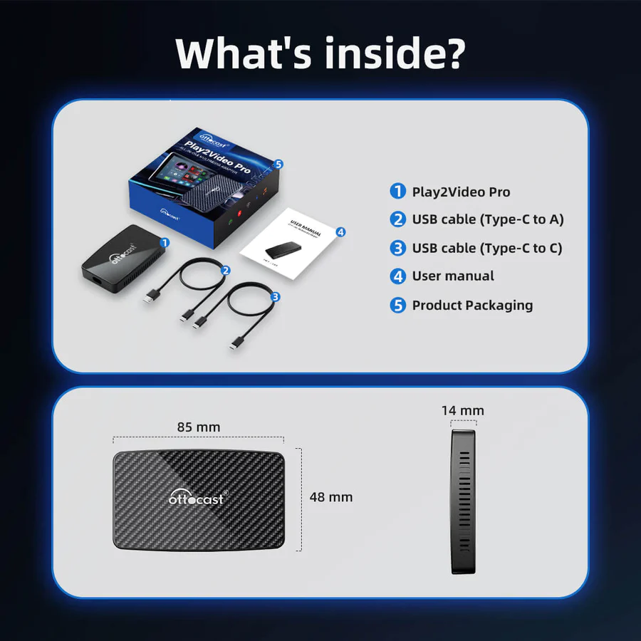 Ottocast Play2video Wireless Carplay Android Auto 4 In 1 box With USB Port Support Youtube Netflix