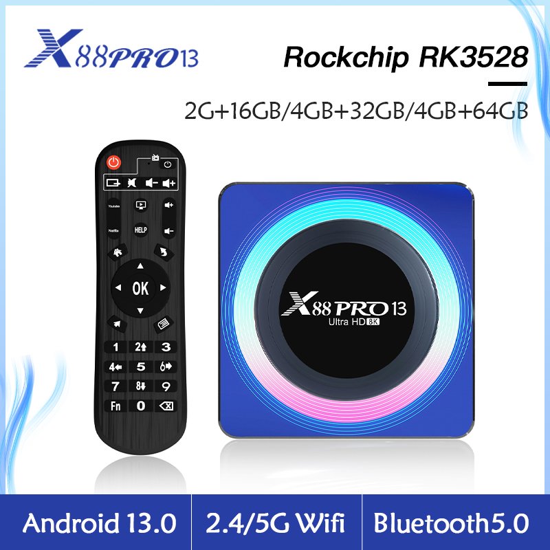 Android 13.0 Smart TV Faster Trusmission Speed X88 PRO 13 RK3528 Quad-Core 64bit Cortes-A53 RJ45 10M/100M Mali 450 MP2