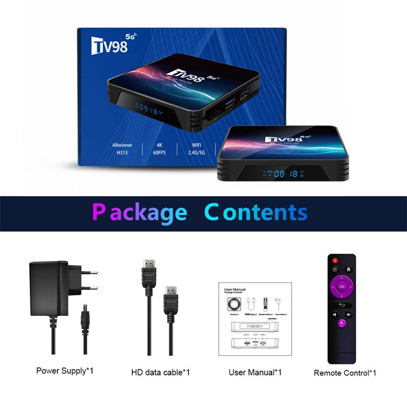 TV98 Android 12.1 TV Box AllwinnerH313 Quad Core 2GB 16GB 2.4G 5.8GDual WIFI UHD AV1 4K Youtube MediaPlayer Set Top Box