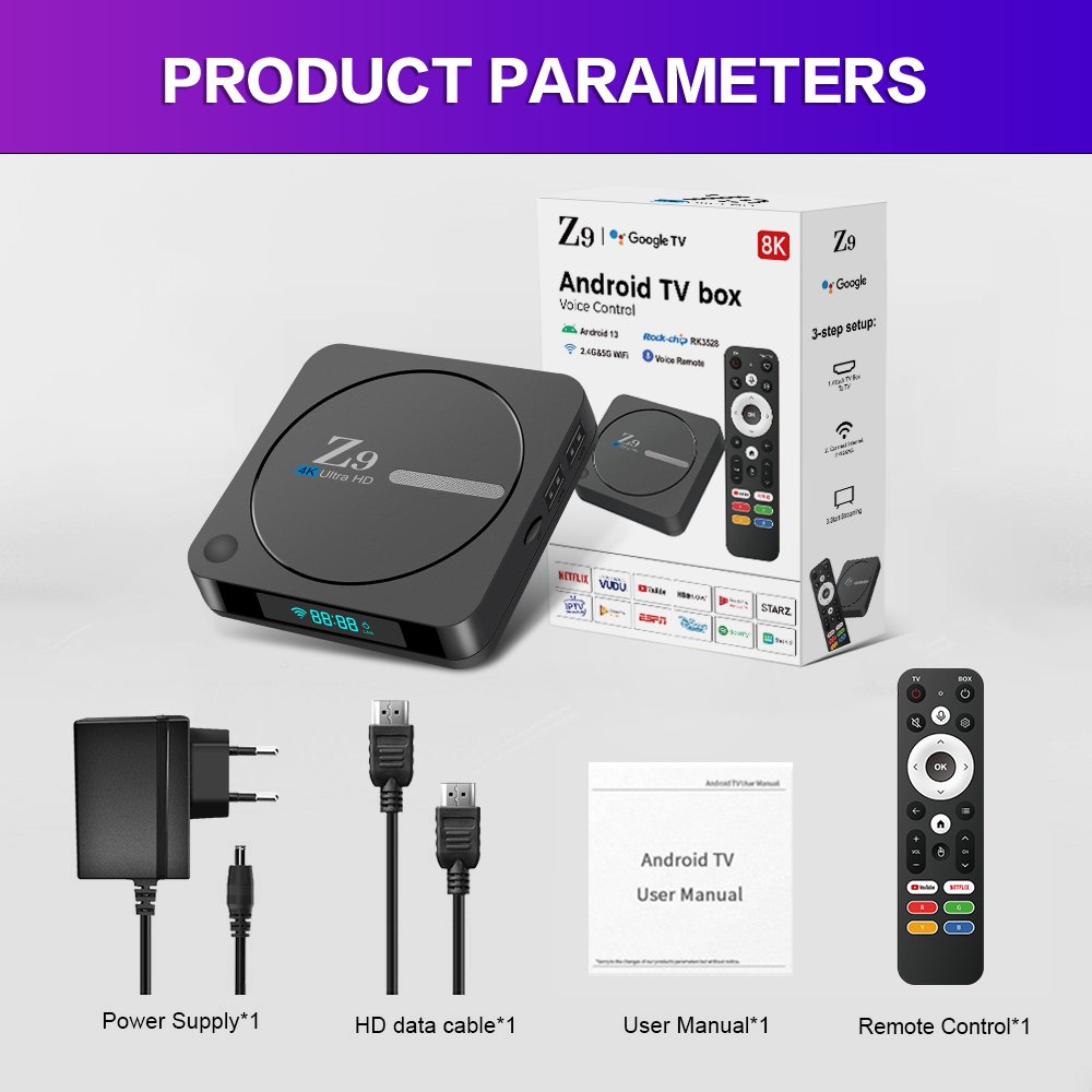 Z9 RK3528 Android Tv Box HD 8k Media Player Android13 Smart Tv BT Voice remote 2.4G/5G Dual wifi 2G 4G 16G 32G 64G Set-top Box