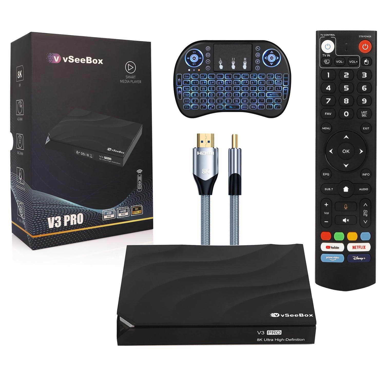2024 vSee Box V3 V2 V4 V1 Elite Pro Max Bundle with Voice Control Remote, 8K Cable 64GB TF Card, 64GB USB
