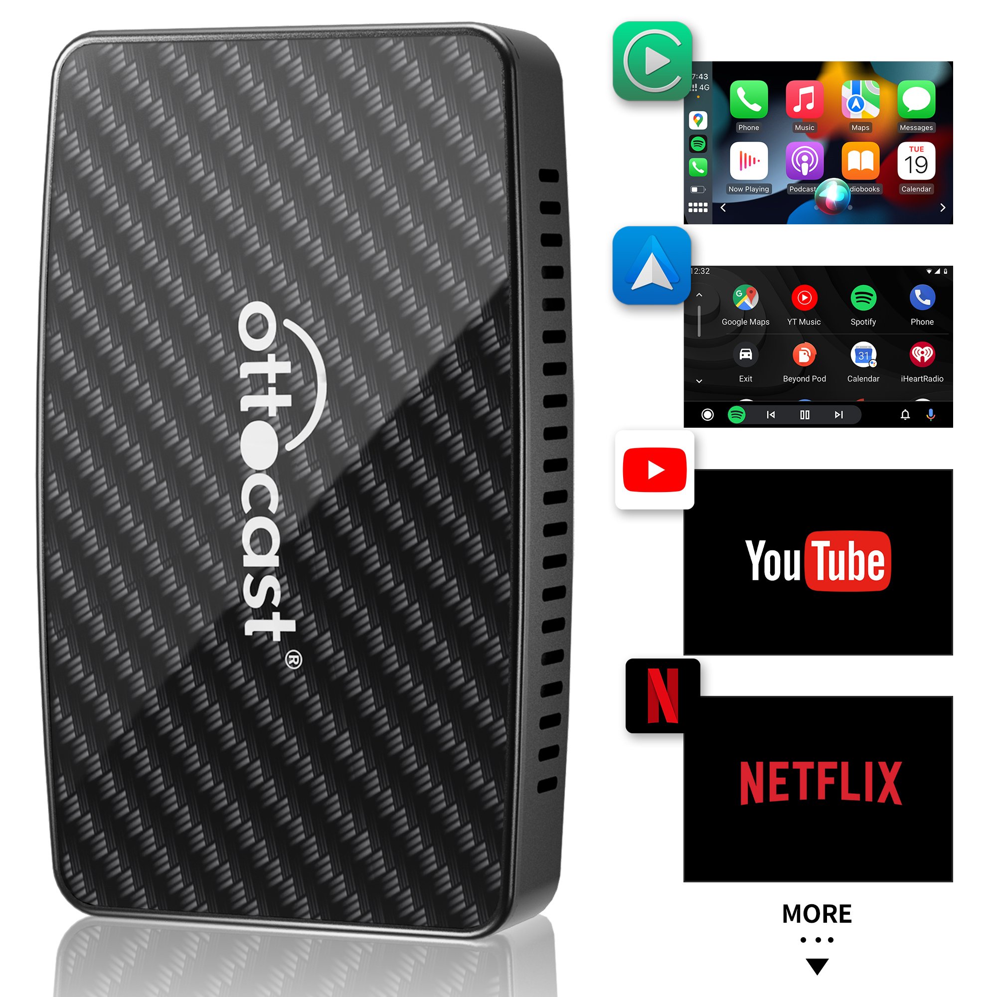 Ottocast Hot Sales wired to wireless Carplay Youtube Netflix Media Car Auto Android Box Car Play For Apple Carplay Adapter