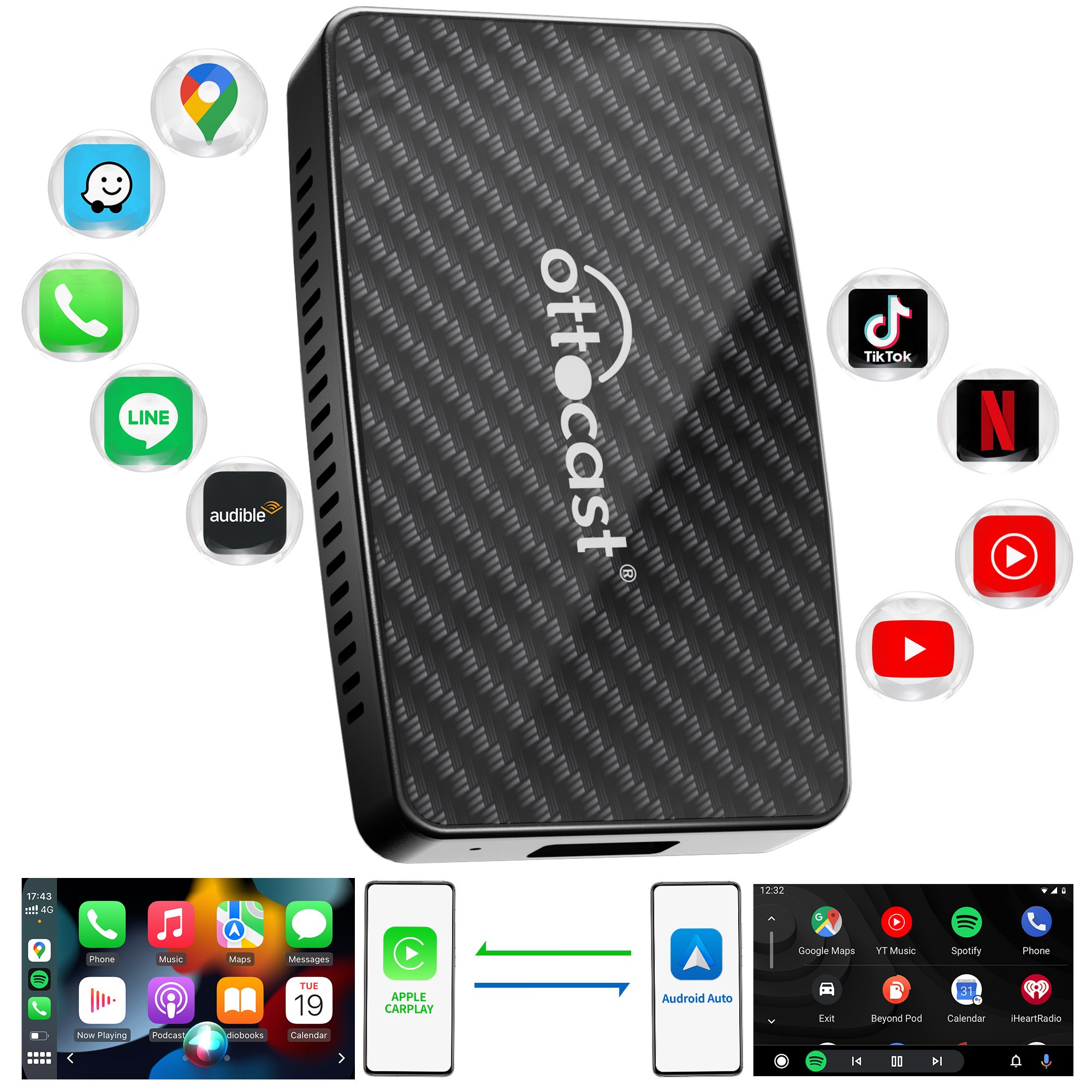 Ottocast Hot Sales wired to wireless Carplay Youtube Netflix Media Car Auto Android Box Car Play For Apple Carplay Adapter
