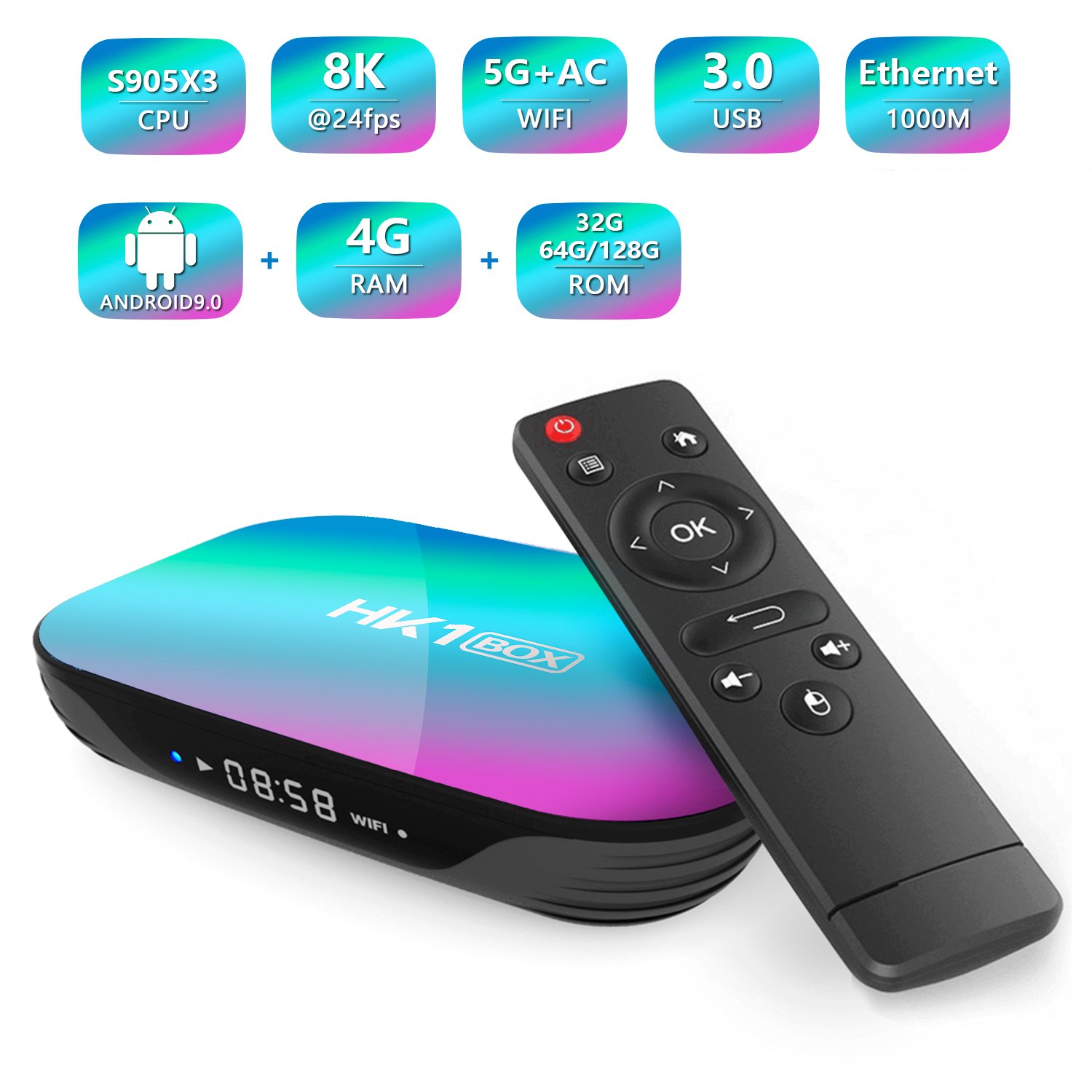 HK1 BOX Smart TV Box Android 9.0 Amlogic S905X3 4GB 64GB 2.4G/5.8G WIFI BT4.0 1000M 8K Media Player Set Top Box
