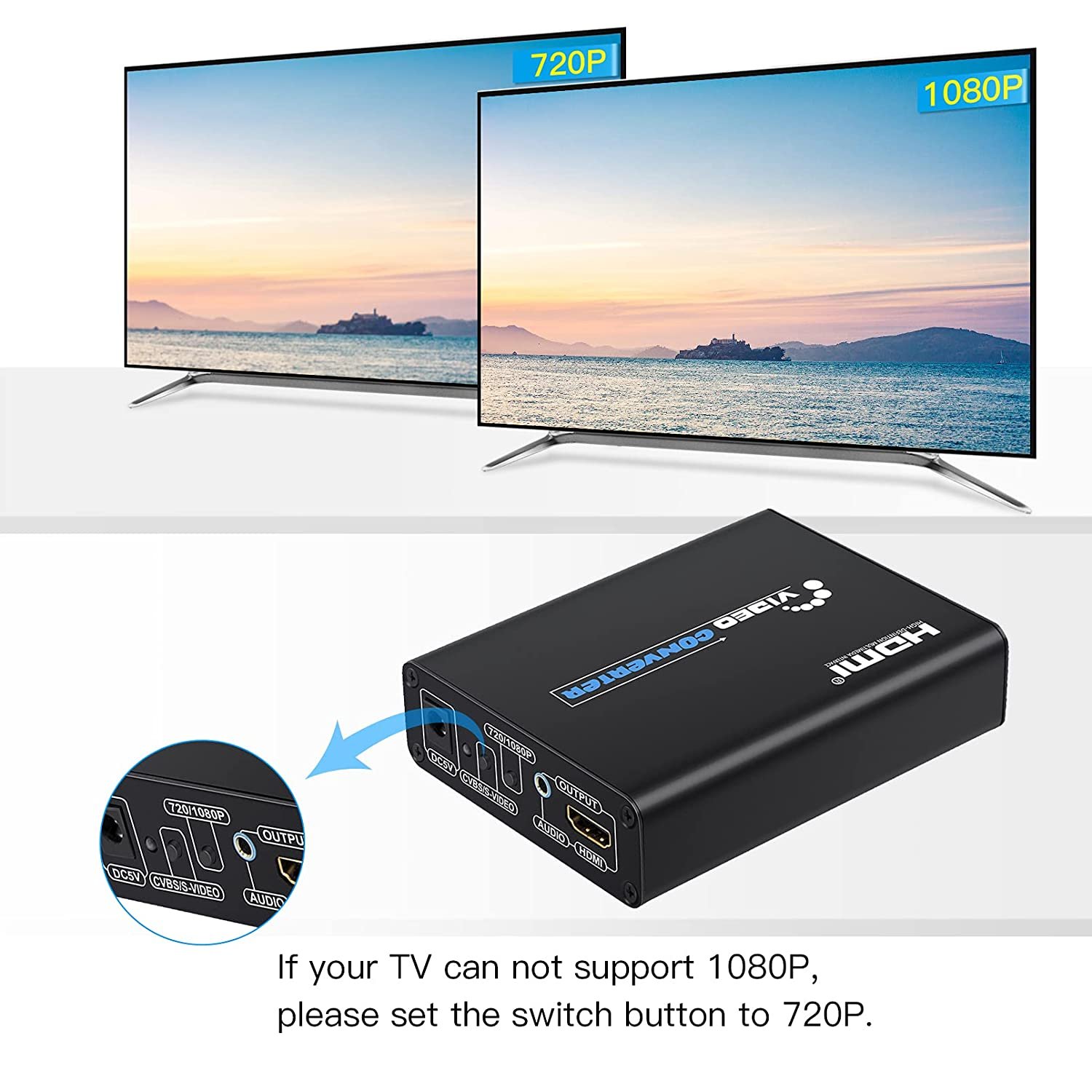 HD AV(CVBS)+S-Video to HDMI video converter box ,Support 720P 1080P